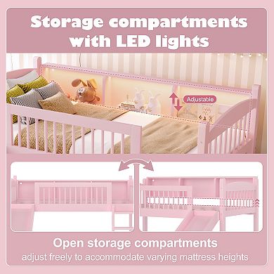 Twin Loft Bed with Storage Shelves LED Lights and Guardrails No Box Spring
