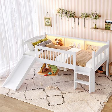 Twin Loft Bed with Storage Shelves LED Lights and Guardrails No Box Spring
