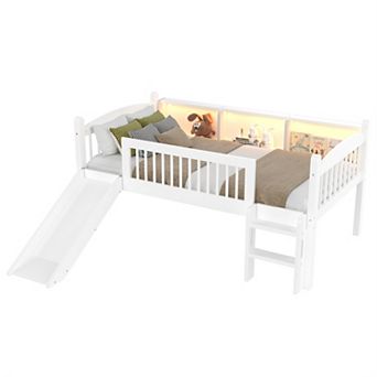 Twin Loft Bed with Storage Shelves LED Lights and Guardrails No Box Spring