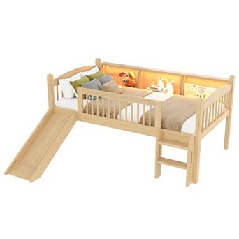Twin Loft Bed with Storage Shelves LED Lights and Guardrails No Box Spring