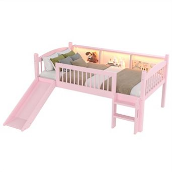 Twin Loft Bed with Storage Shelves LED Lights and Guardrails No Box Spring