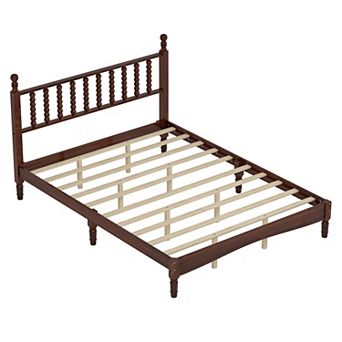Queen Wood Platform Bed with Gourd Shaped Headboard Retro Style with Wooden Slat Support Walnut