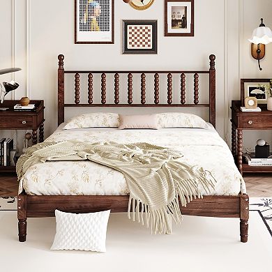Queen Wood Platform Bed with Gourd Shaped Headboard Retro Style with Wooden Slat Support Walnut