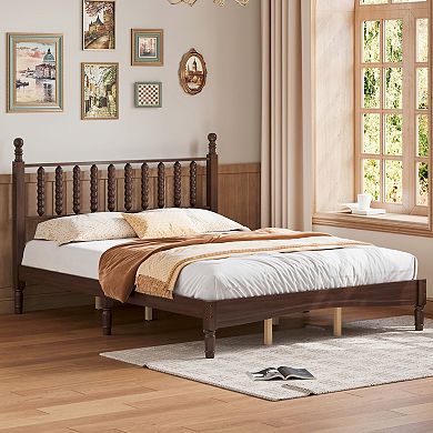 Queen Wood Platform Bed with Gourd Shaped Headboard Retro Style with Wooden Slat Support Walnut