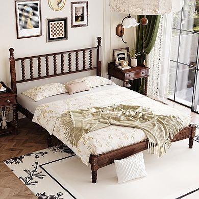 Queen Wood Platform Bed with Gourd Shaped Headboard Retro Style with Wooden Slat Support Walnut