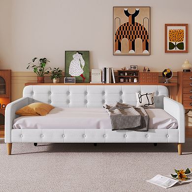 Upholstered Daybed with 4 Support Legs Beige