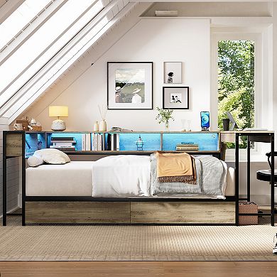 Twin Corner Bed Frame with Bookcase 2 Drawers LED Light and Charging Station Black
