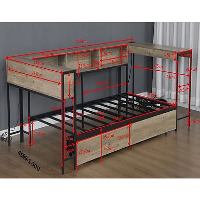 Twin Corner Bed Frame with Bookcase 2 Drawers LED Light and Charging Station Black