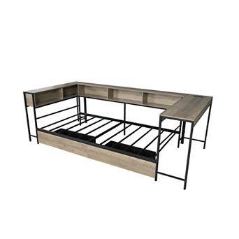 Twin Corner Bed Frame with Bookcase 2 Drawers LED Light and Charging Station Black