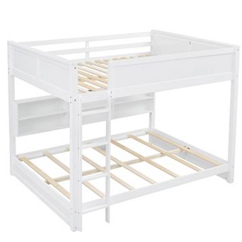 Queen over Queen Bunk Bed with Storage Cabinets and USB Ports White