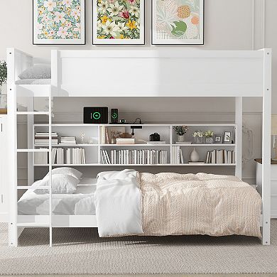 Queen over Queen Bunk Bed with Storage Cabinets and USB Ports White