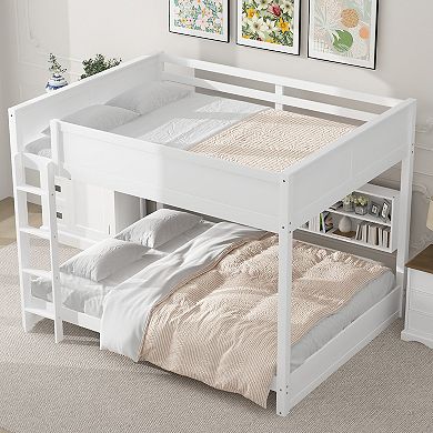 Queen over Queen Bunk Bed with Storage Cabinets and USB Ports White