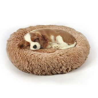 Calming Donut Dog Bed Round Plush Pet Bed Warm Faux Fur Pillow Non-Slip Waterproof Bottom