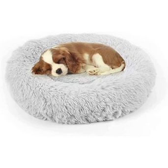 Calming Donut Dog Bed Round Plush Pet Bed Warm Faux Fur Pillow Non-Slip Waterproof Bottom