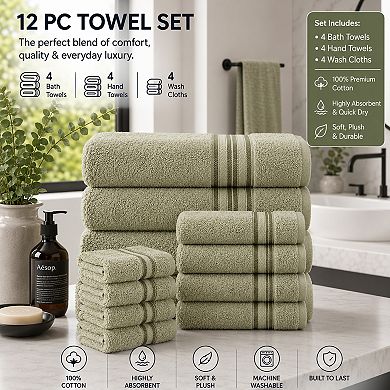 100% Premium Cotton Textured Border Ultra Soft Absorbent 12 Piece Bathroom Towel Set