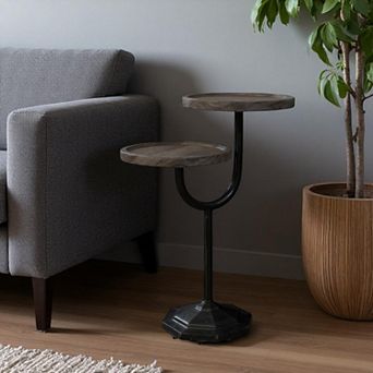 HomeRoots 19" Natural and Black Solid Wood and Iron Round Double Tray Top End Table