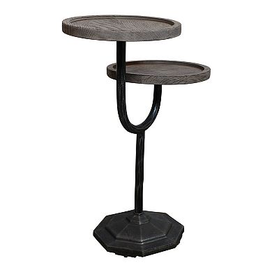 HomeRoots 19" Natural and Black Solid Wood and Iron Round Double Tray Top End Table