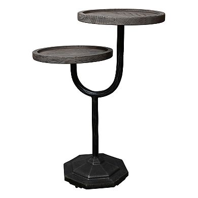 HomeRoots 19" Natural and Black Solid Wood and Iron Round Double Tray Top End Table