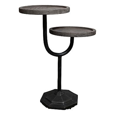 HomeRoots 19" Natural and Black Solid Wood and Iron Round Double Tray Top End Table