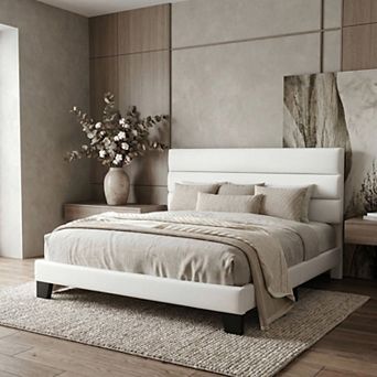 Platform Bed Frame with Velvet Upholstered Headboard and Wood Slat Support