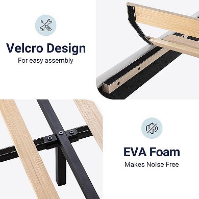 Platform Bed Frame with Velvet Upholstered Headboard and Wood Slat Support