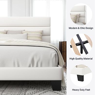 Platform Bed Frame with Velvet Upholstered Headboard and Wood Slat Support