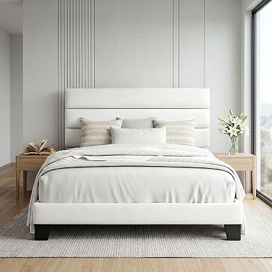 Platform Bed Frame with Velvet Upholstered Headboard and Wood Slat Support