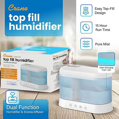 Crane 0.5 Gallon Top Fill Cool Mist Humidifier & Essential Oil Diffuser Whisper-Quiet 15-Hour Run