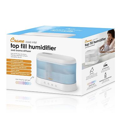 Crane 0.5 Gallon Top Fill Cool Mist Humidifier & Essential Oil Diffuser Whisper-Quiet 15-Hour Run
