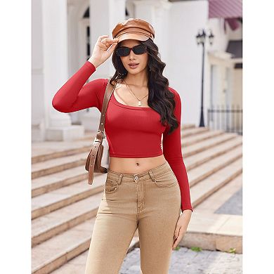 Ekouaer Womens Three Pack Long Sleeve Crop Tops Square Neck Slim Base Layer Shirt Undershirts