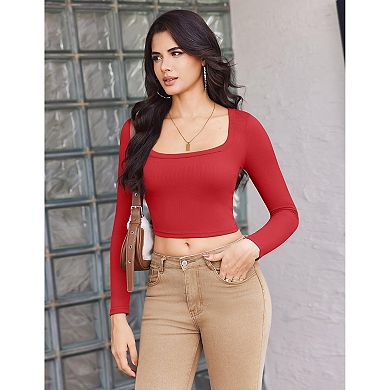 Ekouaer Womens Three Pack Long Sleeve Crop Tops Square Neck Slim Base Layer Shirt Undershirts