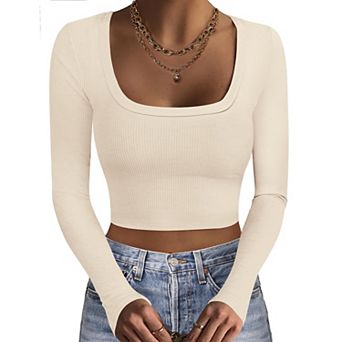 Ekouaer Womens Three Pack Long Sleeve Crop Tops Square Neck Slim Base Layer Shirt Undershirts