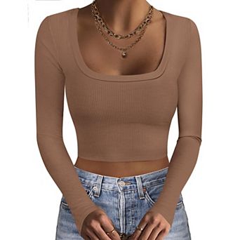 Ekouaer Womens Three Pack Long Sleeve Crop Tops Square Neck Slim Base Layer Shirt Undershirts