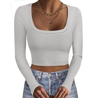 Ekouaer Womens Three Pack Long Sleeve Crop Tops Square Neck Slim Base Layer Shirt Undershirts