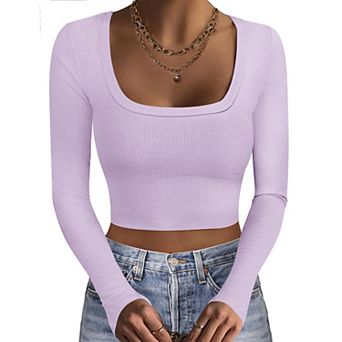 Ekouaer Womens Three Pack Long Sleeve Crop Tops Square Neck Slim Base Layer Shirt Undershirts