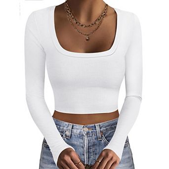 Ekouaer Womens Three Pack Long Sleeve Crop Tops Square Neck Slim Base Layer Shirt Undershirts
