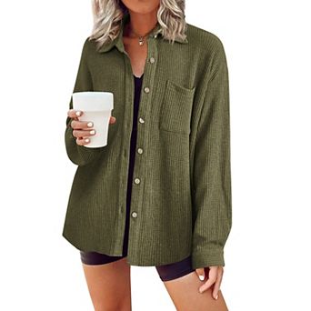 Zeagoo Waffle Button Down Shirt Women Long Sleeve V Neck Shacket Dressy Casual Fall Top with Pocket