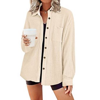 Zeagoo Waffle Button Down Shirt Women Long Sleeve V Neck Shacket Dressy Casual Fall Top with Pocket