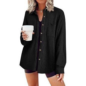 Zeagoo Waffle Button Down Shirt Women Long Sleeve V Neck Shacket Dressy Casual Fall Top with Pocket