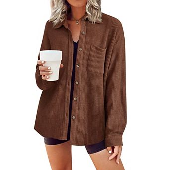 Zeagoo Waffle Button Down Shirt Women Long Sleeve V Neck Shacket Dressy Casual Fall Top with Pocket