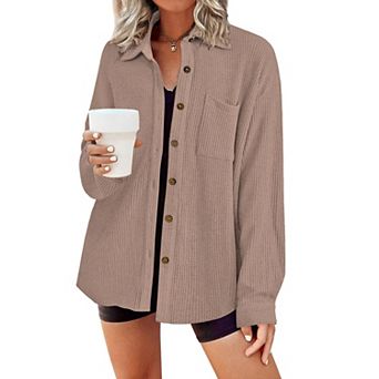 Zeagoo Waffle Button Down Shirt Women Long Sleeve V Neck Shacket Dressy Casual Fall Top with Pocket
