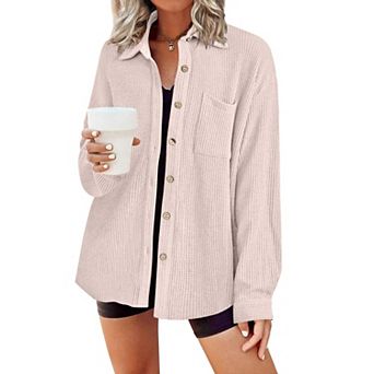 Zeagoo Waffle Button Down Shirt Women Long Sleeve V Neck Shacket Dressy Casual Fall Top with Pocket