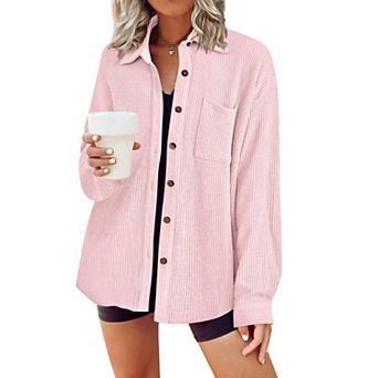 Zeagoo Waffle Button Down Shirt Women Long Sleeve V Neck Shacket Dressy Casual Fall Top with Pocket