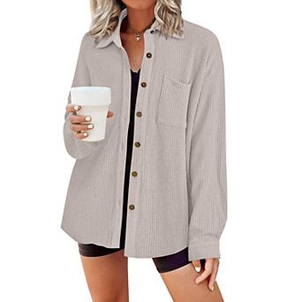 Zeagoo Waffle Button Down Shirt Women Long Sleeve V Neck Shacket Dressy Casual Fall Top with Pocket