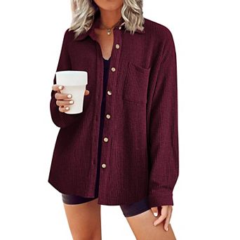 Zeagoo Waffle Button Down Shirt Women Long Sleeve V Neck Shacket Dressy Casual Fall Top with Pocket