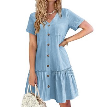 Zeagoo Women Ruffle Hem Tshirt Dress Button Down Short Cotton Summer A Line Flowy Sundress
