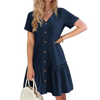 Zeagoo Women Ruffle Hem Tshirt Dress Button Down Short Cotton Summer A Line Flowy Sundress
