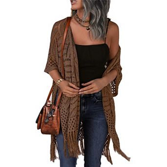 Zeagoo Womens Open Front Knit Cardigan Hollow Out Crochet Tassel Lightweight Sweater