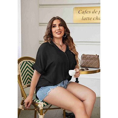 Zeagoo Womens Plus Size Tops Short Sleeve Button-Down Shirts Casual V Neck Blouses