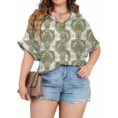 Zeagoo Womens Plus Size Tops Short Sleeve Button-Down Shirts Casual V Neck Blouses